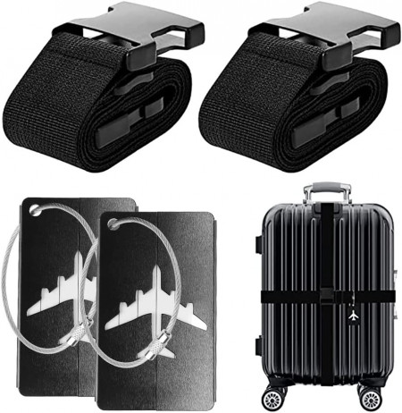Set de 2 curele si 2 etichete pentru valiza Heatigo, plastic/poliester, negru/alb - Img 1