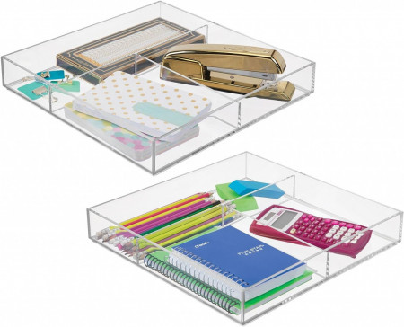 Set de 2 organizatoare de birou mDesign, plastic, transparent, 30 x 30 x 5 cm