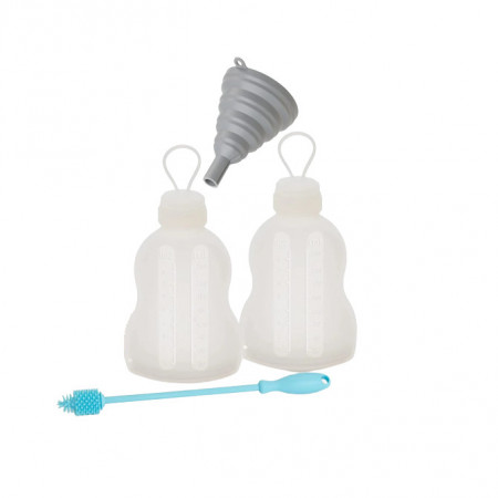 Set de 2 recipiente pentru laptele matern cu palnie si perie de curatare Kidüy, silicon, alb/gri/albastru, 250 ml - Img 1