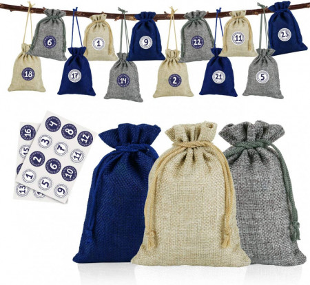 Set de 24 saculeti cu autocolante pentru calendar de advent Naler, textil/hartie, albastru/gri/bej, 10 x 14 cm/ 4 cm - Img 1