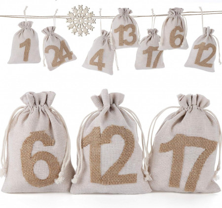 Set de 24 saculeti pentru calendar de advent Sweelov, textil, natur, 13 x 18 cm - Img 1