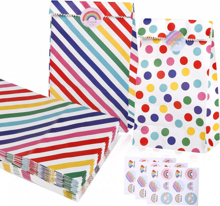 Set de 25 pungi cu autocolante pentru cadouri Hemiks, hartie, multicolor, 9 x 5,5 x 18 cm