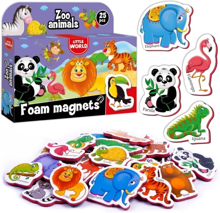 Set de 29 magneti de frigider Little World, model animalute zoo, spuma/metal, multicolor