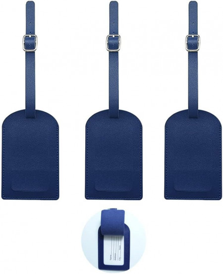 Set de 3 etichete pentru bagaje MIEWAA, piele PU, albastru, 22 x 6.7 cm