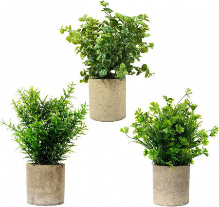 Set de 3 ghivece cu flori artificiale JIAZIGUO, plastic/polietilena, verde/gri, 11 x 21 x 30 cm