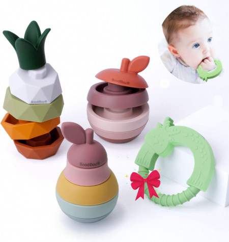 Set de 3 jucarii educationale Montessori BoodiBou, silicon, multicolor, 10,6 X 6,2 cm