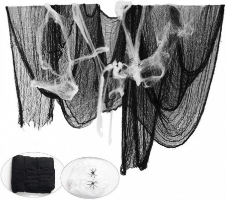 Set de 3 panze si 4 paianjeni pentru Halloween Bst4UDirect, poliester, alb/negru, 215 x 500 cm