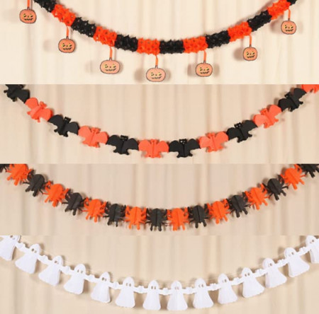 Set de 4 ghirlande pentru Halloween FainFun, hartie, portocaliu/negru/alb, 300 cm