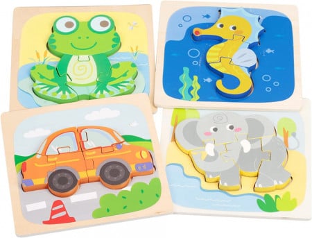 Set de 4 jucarii tip puzzle pentru copii SUNYOK, lemn, multicolor, 15 x 15 cm