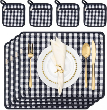 Set de 4 naproane si 4 coastere NEOVIVA, negru/alb, bumbac, 30 x 45 cm / 20 x 20 cm