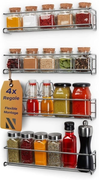 Set de 4 rafturi pentru condimente NOBRO, otel inoxidabil, argintiu, 30 x 6,6 x 6,6 cm