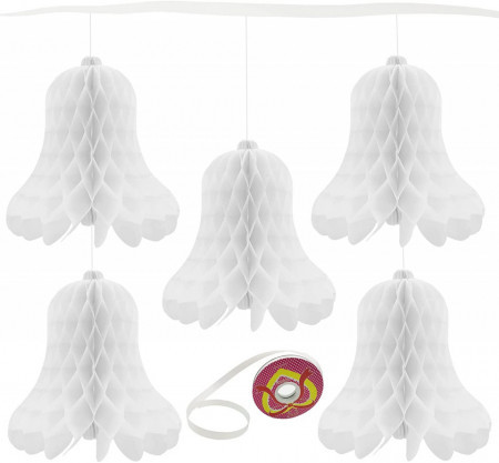 Set de 5 clopotei pentru nunta si o rola de banda DUGYIRS, alb, hartie, 30 x 30 cm - Img 1