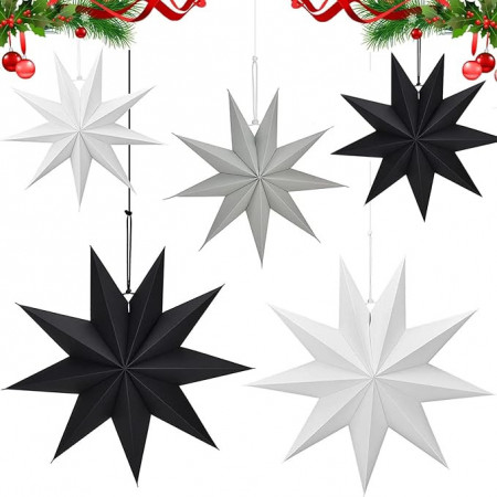 Set de 5 stele pliabile decor stea de Craciun, sylbx, hartie, negru/alb/gri