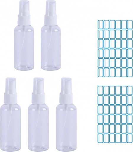 Set de 5 sticlute cu pulverizator si 36 etichete Bavooty, plastic/hartie, transparent, 92 x 22 mm - Img 1