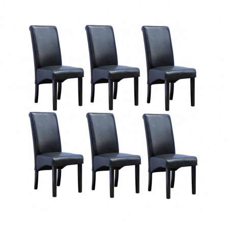 Set de 6 scaune de living Cambridge, piele sintetica neagra, picioare lemn inchis - Img 1