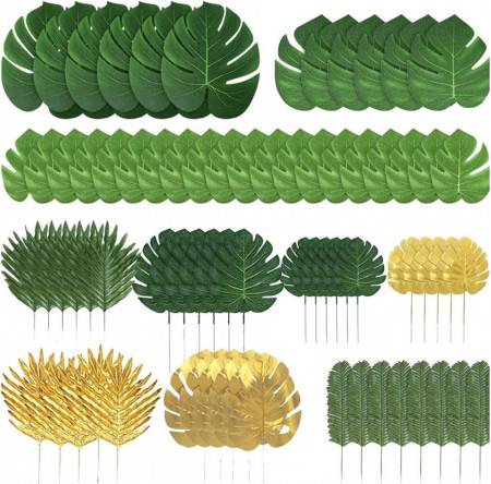 Set de 72 frunze tropicale artificiale pentru decorare petrecere Ksrnsne, verde/auriu, 14-5 - 40 cm - Img 1
