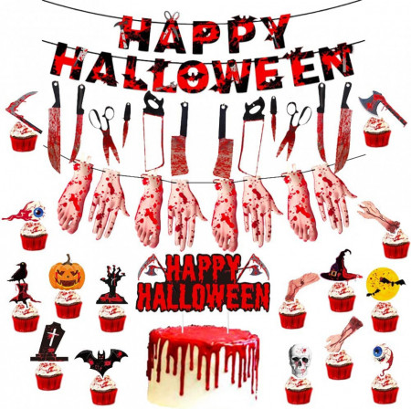 Set de banner cu 19 decoratiuni pentru Halloween Hiloly, hartie/PVC, rosu/negru, 3 m