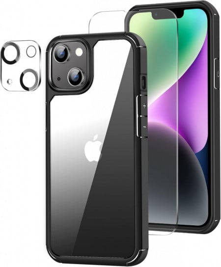 Set de husa cu folii de ecran si camera compatibil cu iPhone 14 Plus Amizee, TPU/sticla securizata, negru/transparent, 6,7 inchi - Img 1