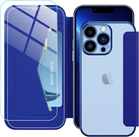 Set de husa si 2 folii de protectie ecran pentru iPhone 13 Pro Petocase, piele PU/sticla securizata, albastru, 6,1 inchi