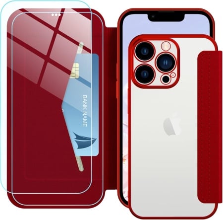 Set de husa si 2 folii de protectie ecran pentru iPhone 14 Pro Petocase, piele PU/sticla securizata, rosu, 6,1 inchi