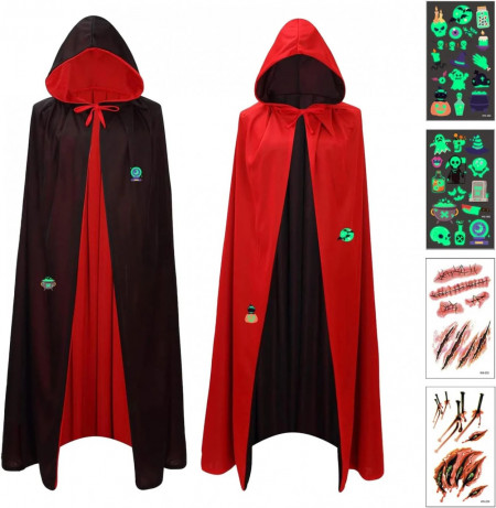 Set de pelerina pentru Halloween si 4 coli cu stikere fluorescente Maxee, textil/hartie, rosu/negru, 173 cm