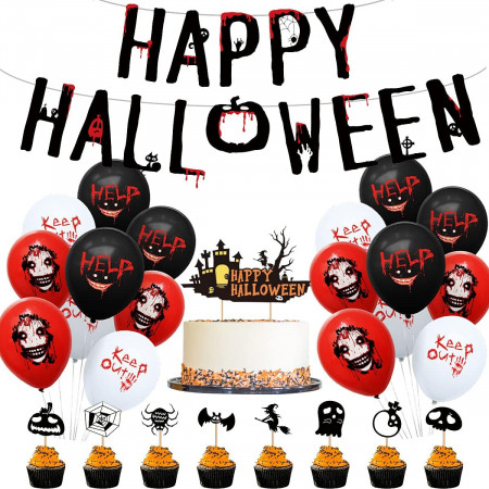 Set de petrecere cu 32 piese pentru Halloween Tomicy, hartie/latex, rosu/alb/negru