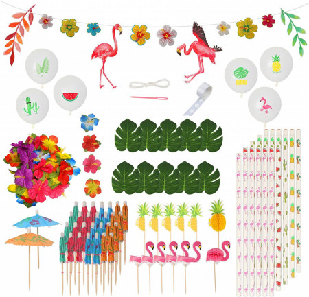 Set de petrecere Tropical Hawaiian ZERHOK, plastic/hartie, multicolor, 115 piese