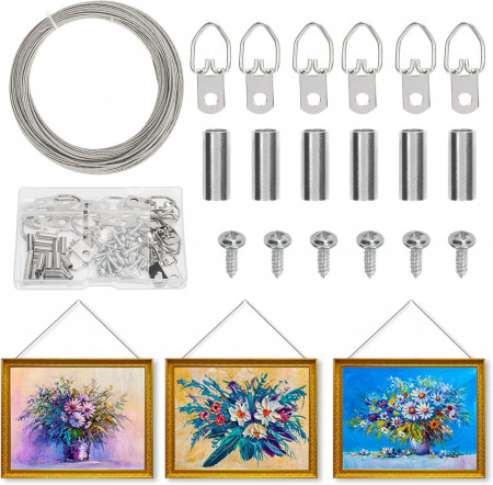 Set de rola de sarma si accesorii pentru decoratiuni/tablouri Chala, otel inoxidabil, argintiu, 20 piese