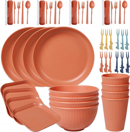 Set de vesela pentru copii Generic, polipropilena, portocaliu, 48 piese