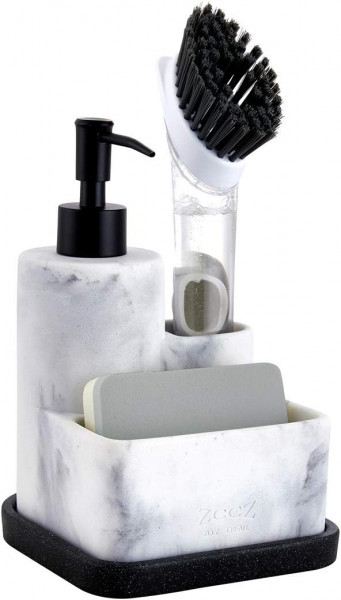 Set dispenser de sapun cu pahar, sapuniera si tavita Zccz, rasina/metal, alb/gri/negru, 13,2 x 13,1 x 18,5 cm