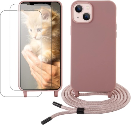 Set husa cu snur si 2 folii de protectie pentru iPhone 13 Gumo, TPU/poliester/sticla securizata, roz/transparent, 6,1 inchi