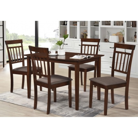 Set masa dining si bucatarie Drimus Bali, MDF, 112x72x74 cm si 4 scaune Hudson, lemn masiv, tapiterie stofa, nuc