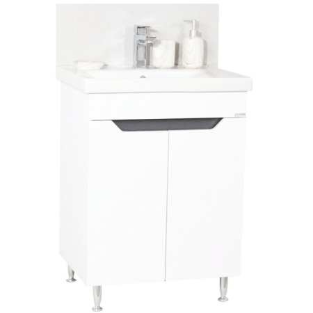 Set mobilier baie GN7561, cu lavoar ceramic, circular, front MDF, 60 cm, 2 usi, raft, picioare cromate reglabile, alb/antracit