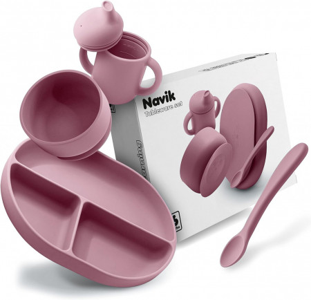 Set pentru hranirea bebelusului Navik, silicon, roz inchis, 4 piese