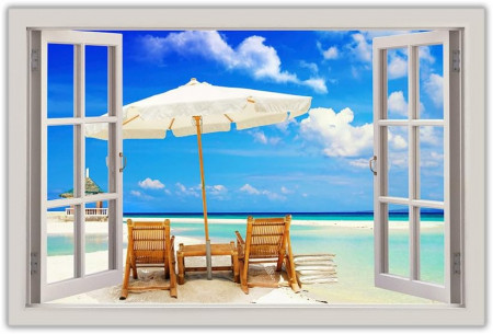 Tablou „Beach Holiday Window”, panza/lemn, multicolor, 40 x 60 x 1,8 cm