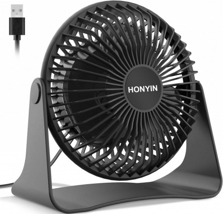 Ventilator de birou cu cap rotativ Honyin, USB, 3 viteze, ABS, negru
