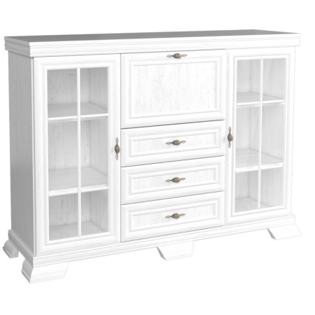 Vitrina living VM6, 3 usi, 3 sertare, Alb Antichizat, 158 x 46 x 117 cm