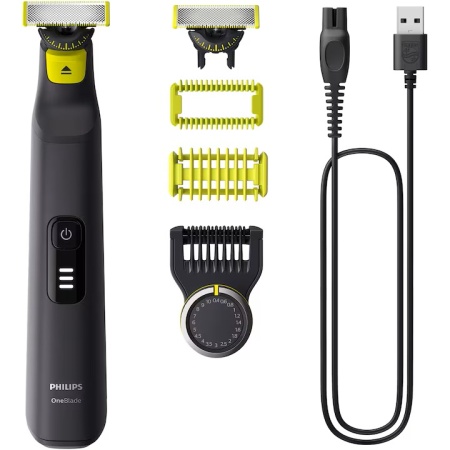 Aparat de ras (0,2mm) si tuns (0,4-10mm) PHILIPS OneBlade Pro QP6542/15, Fata&corp, pieptene cu 14 setari de lungime (0,4-10 mm), 2 accesorii pentru utilizare pe corp, 2 lame 360, 90 min (Li-ion), Resigilat, Grad A