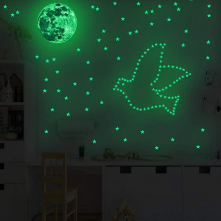 Autocolante luminoase de perete DAXIAO, luna si stele, verde, PVC, 30 x 30 cm / 12,5 x 17,5 cm - Img 1