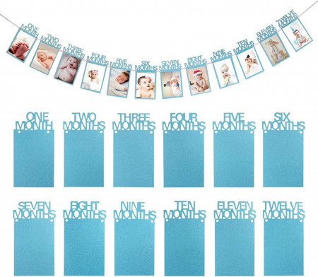 Banner cu rame foto pentru poze cu bebelusi 1-12 luni JINLAIYUN, hartie, albastru, 12,5 x 21,5 cm