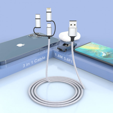 Cablu multifunctional CC/Micro USB/ Mfi Mtakyi, gri, 1,8 m
