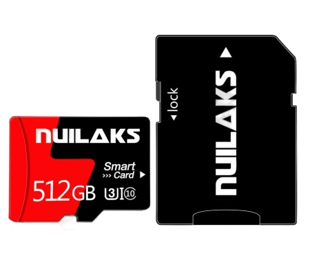 Card micro SD cu adaptor Nuilaks, plastic, rosu/alb/negru, 512 GB, clasa 10