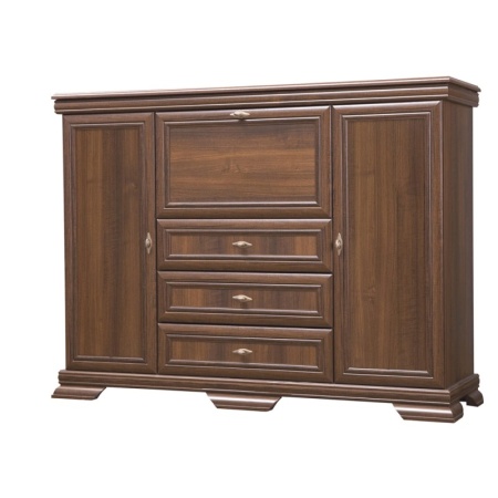 Comoda living VM6P, o usa rabatabila pentru bar, 2 usi fixe, 3 sertare, insertii MDF, 158 x 46 x 117 cm, Nuc