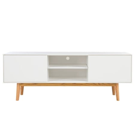 Comoda TV Lindholm, MDF/lemn masiv de stejar, alb/natur, 160 x 59 x 40 cm