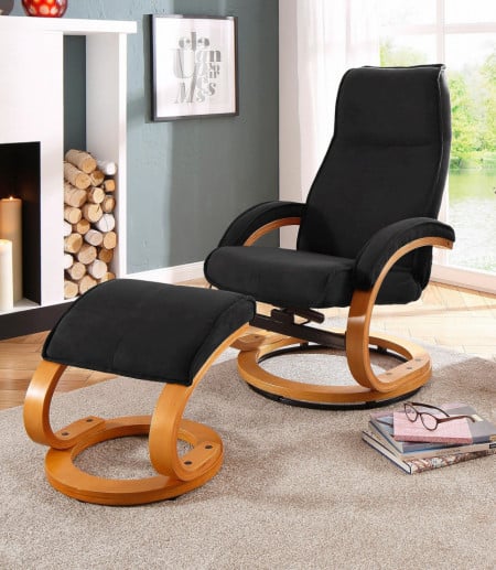 Fotoliu recliner Paris cu otoman lemn/piele sintetica, negru/maro, 67 x 107 x 78 cm - Img 1