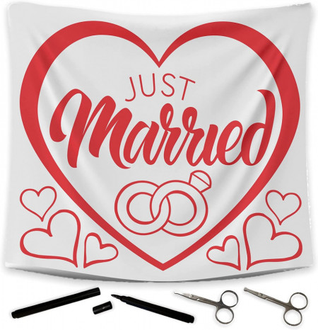 Fundal pentru nunta cu 2 foarfece si 2 stilouri Mijoma, inima, alb/rosu, 2 x 1,8 m
