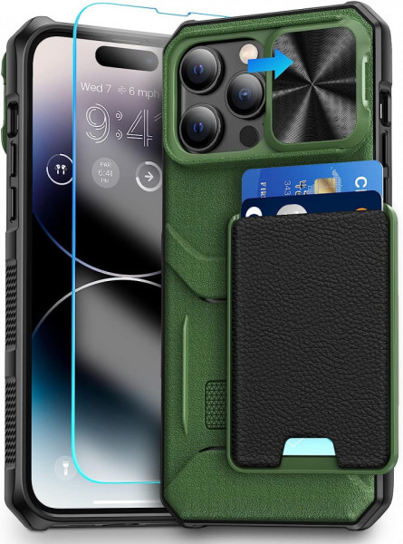 Husa de protectie slot pentru card glisant compatibila cu iPhone 14 Pro 5G 2022 HWeggo, policarbonat/poliuretan, verde alpin, 6,1 inchi
