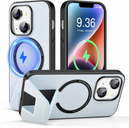 Husa magnetica pentru iPhone 14 UNDEUX, piele PU, albastru deschis, 6,1 inchi - Img 1