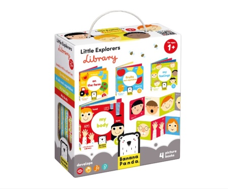 Joc educativ pentru copii si bebelusi, Banana Panda, Little Explorers Library, 4 carti tip acordeon cu ferma, partile corpului, fructe si sentimente, 90 cm lungime