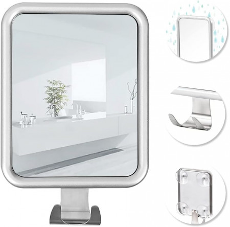 Oglinda pentru baie Cooltto, anti-aburire, sticla/aliaj de aluminiu, argintiu, 24 x 16 x 2,5 cm